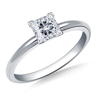 Four Prong Pre-Set Princess Diamond Solitaire Ring In 14K White Gold