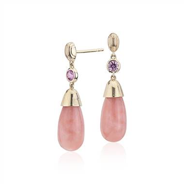 Frances Gadbois Pink Opal and Pink Sapphire Strie Drop Earrings in 14k Yellow Gold (7x15mm)