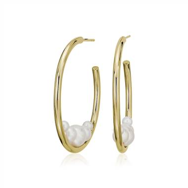 "Freshwater Cultured Floating Pearl Hoop Earrings in 14k Yellow Gold (3-7mm)"