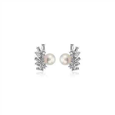 Freshwater Cultured Pearl and Diamond Baguette Stud Climber Earrings in 14k White Gold (4-5mm)