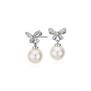Freshwater Cultured Pearl and Diamond Bow Drop Earrings in 18k White Gold (7mm)