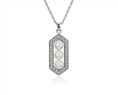Freshwater Cultured Pearl and White Topaz Hexagon Halo Pendant Necklace In Sterling Silver (5-6mm)