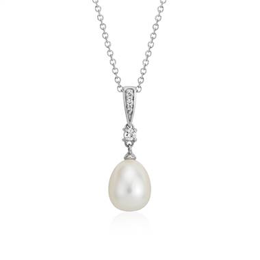 "Freshwater Cultured Pearl and White Topaz Pendant in Sterling Silver (7.5mm)"