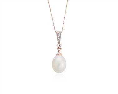 Freshwater Cultured Pearl and White Topaz Pendant Necklace In 14k Rose Gold (7.5mm)