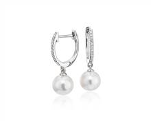 Freshwater Cultured Pearl Diamond Hoop Earrings In 14k White Gold (6.5-7mm) | Blue Nile