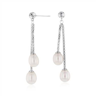 "Freshwater Cultured Pearl Double Drop Earrings in Sterling Silver (7.5-8mm)"
