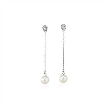 Freshwater Cultured Pearl Drop Earrings with Bezel-Set Diamond in 14k White Gold (7-7.5mm)