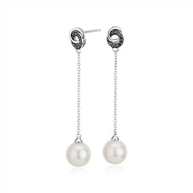 Freshwater Cultured Pearl Drop Earrings with Black Diamond Love Knot in 14k White Gold (7.5-8mm)