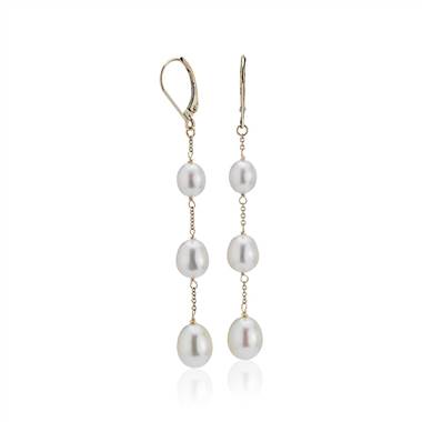 "Freshwater Cultured Pearl Line Drop Earrings in 14k Yellow Gold (6-9mm)"