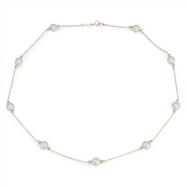 "Freshwater Cultured Pearl Stationed Necklace in 14k Yellow Gold (7-8mm)"