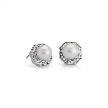 Freshwater Cultured Pearl Stud Earrings with Diamond Hexagon Halo in 14k White Gold (6-7mm)