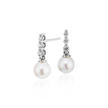 Freshwater Cultured Pearl Trio Diamond Drop Earrings in 14k White Gold