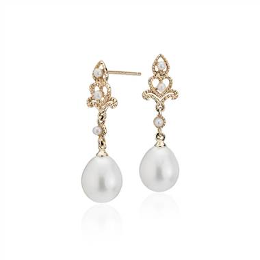 Freshwater Cultured Pearl Vintage-Inspired Drop Earrings in 14k Yellow Gold (7-7.5mm)