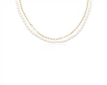 Freshwater Pearl and Paperclip Chain Double Strand Necklace In 14k Yellow Gold | Blue Nile