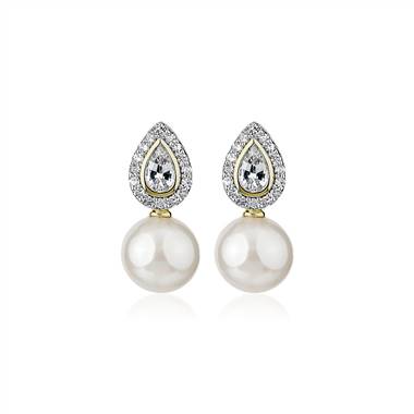 "Freshwater Pearl and White Sapphire Drop Earrings in 14k Yellow Gold"