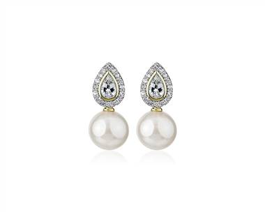 Freshwater Pearl and White Sapphire Drop Earrings In 14k Yellow Gold