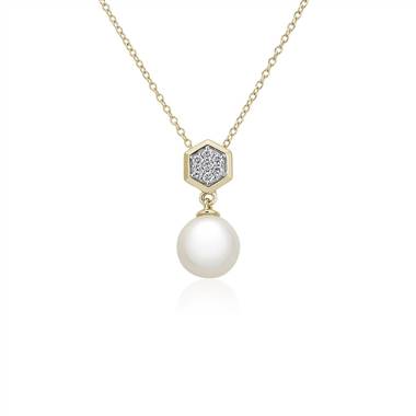 Freshwater Pearl Pendant with Hexagon Diamond Detail in 14k Yellow Gold (7.5-8mm)