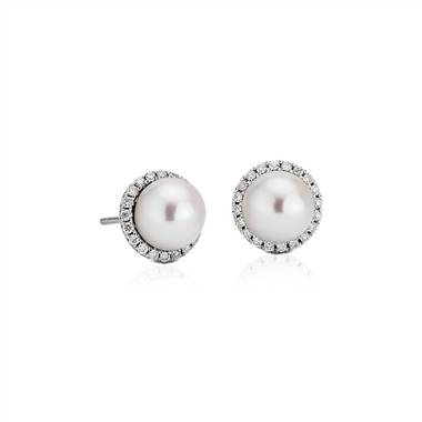 Freshwater Pearl Studs with Diamond Halos in 14k White Gold (0.2 ct. tw.)