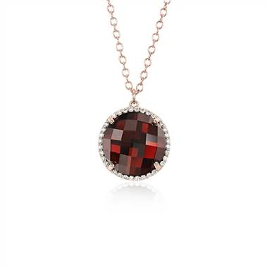 Garnet and Diamond Halo Pendant in 14k Rose Gold (12mm)