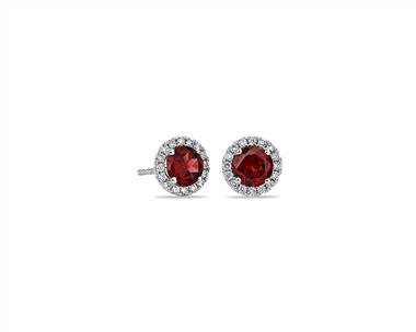 Garnet and Micropave Diamond Stud Earrings In 18k White Gold (5mm)