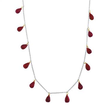 Garnet Gemstone January Birthstone Faceted Briolette Station Necklace in 14K Two Tone Gold