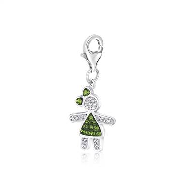 Girl with Bow August Birthstone Charm with Peridot and White Crystal in Sterling Silver