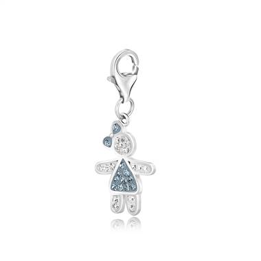 Girl with Bow December Birthstone Charm with Light Blue & White Crystal in Sterling Silver