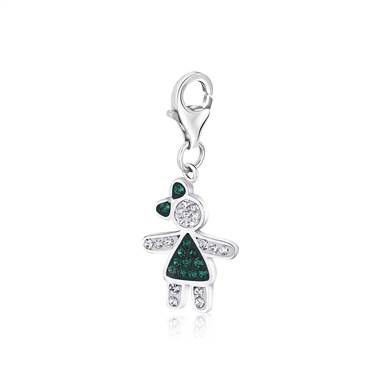 Girl with Bow May Birthstone Charm with Emerald Green and White Crystal in Sterling Silver