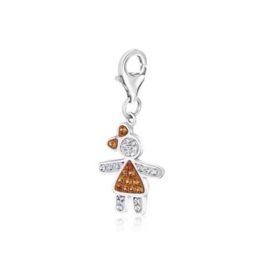 Girl with Bow November Birthstone Charm with Citrine and White Crystal in Sterling Silver