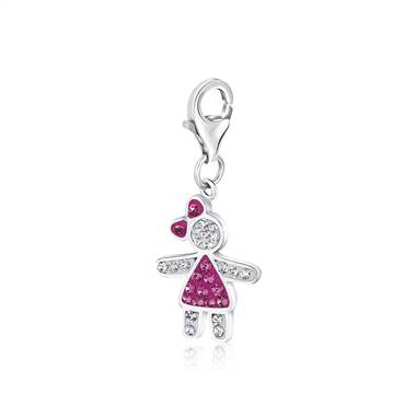 Girl with Bow October Birthstone Charm with Hot Pink and White Crystal in Sterling Silver