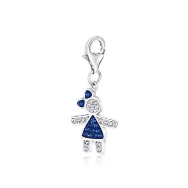 Girl with Bow September Birthstone Charm with Sapphire & White Crystal in Sterling Silver