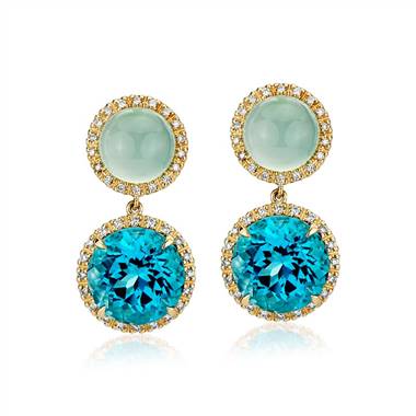 Green Chalcedony and Swiss Blue Topaz Drop Earrings with Diamond Halo in 14k Yellow Gold (10mm)