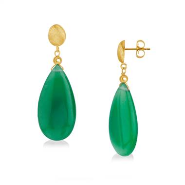 Green Chalcedony Gemstone Pear Shape Cabochon Drop Earrings in 14K Yellow Gold