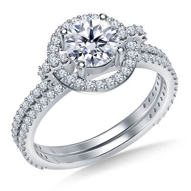 Halo Cathedral Diamond Ring with Matching Band in 14K White Gold