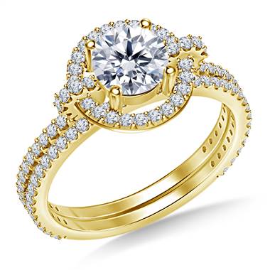 Halo Cathedral Diamond Ring with Matching Band in 18K Yellow Gold