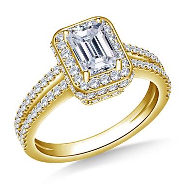 Halo Emerald Cut Diamond Engagement Ring In 14K Yellow Gold