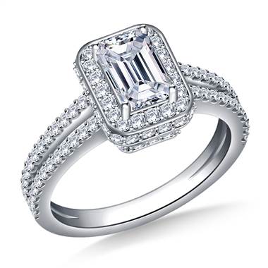 Halo Emerald Cut Diamond Engagement Ring In 18K White Gold