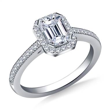Halo Emerald Cut Diamond Engagement Ring in 18K White Gold