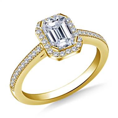 Halo Emerald Cut Diamond Engagement Ring in 18K Yellow Gold