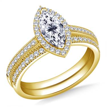 Halo Marquise Cut Diamond Ring with  14K Yellow Gold Milgrain Edging in Matching Band