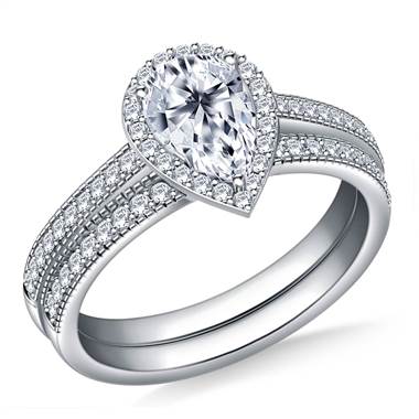 Halo Pear Cut Diamond Ring with  14K White Gold Milgrain Edging in Matching Band