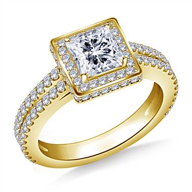 Halo Princess Cut Diamond Engagement Ring with Split Shank In 14K Yellow Gold