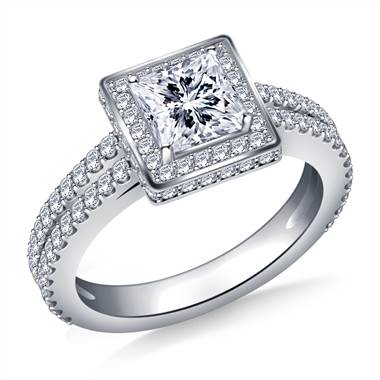 Halo Princess Cut Diamond Engagement Ring with Split Shank In Platinum