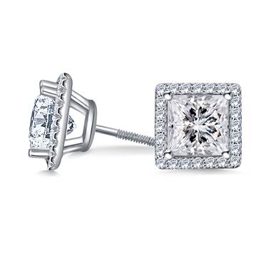 Halo Princess Cut Diamonds Stud Earring in 14K White Gold (1.00 cttw.)