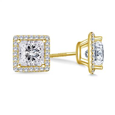 Halo Princess Cut Diamonds Stud Earring in 14K Yellow Gold