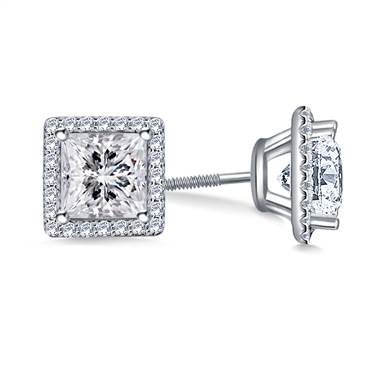 Halo Princess Cut Diamonds Stud Earring in 18K White Gold