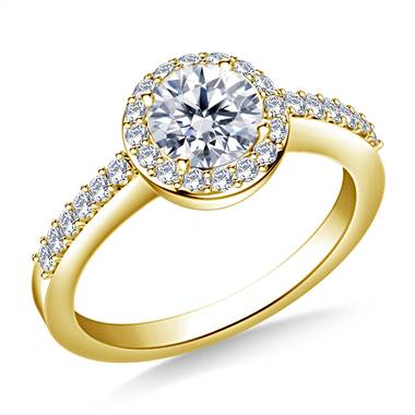 Halo Prong Set Round Diamond Engagement Ring in 18K Yellow Gold