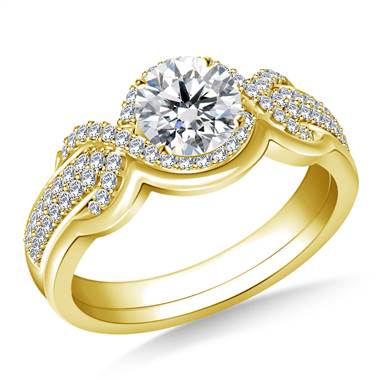 Halo Ribbon Diamond Engagement Ring with Matching Band in 14K Yellow Gold