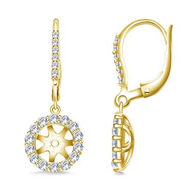 Halo Round Diamond Dangling Lever Back Earring in 14K Yellow Gold.