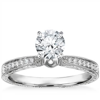 Hand-Engraved Micropave Diamond Engagement Ring in 14k White Gold (1/6 ct. tw.)